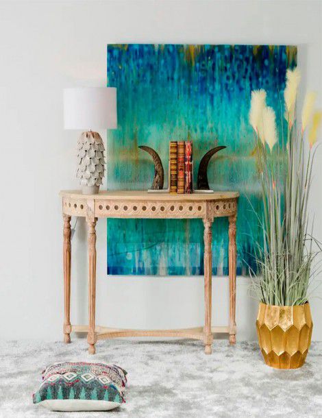 MUEBLE CONSOLA MEDIA LUNA, ESTILO ORIENTAL, COLOR NATURAL