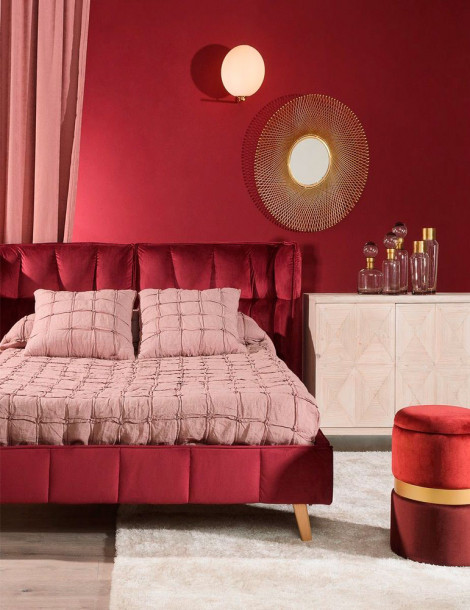 CAMA ESTILO MODERNO COLOR ROJO Y MADERA NATURAL